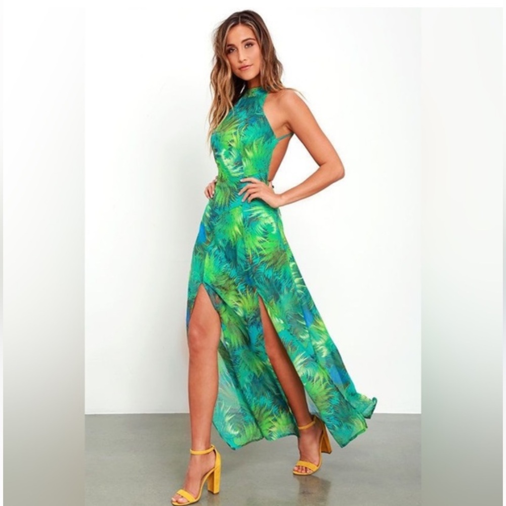 Lulu's Green & Blue Tropical Halter Maxi Dress
